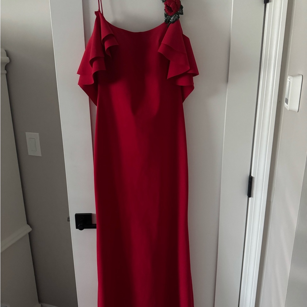 Tarik Ediz Red Asymmetrical Gown with Flutter Sleeves